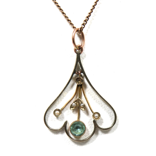 378 - 9ct Yellow gold Art Nouveau Pendant set with seed pearls and a central Aqua stone. (one small stone ... 