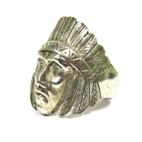 385 - Large 925 Silver Indian Chief Ring.  Finger size 'S-5'   24.7  Hallmarked for London 1962