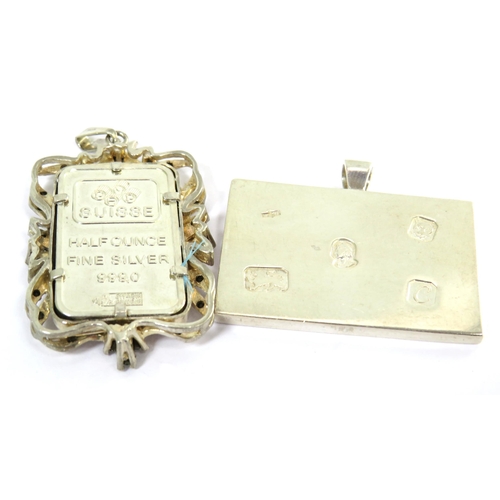 399 - 999 Fine Silver Half Ounce ingot pendant with small stones surrounding together with a 925 Silver Bi... 