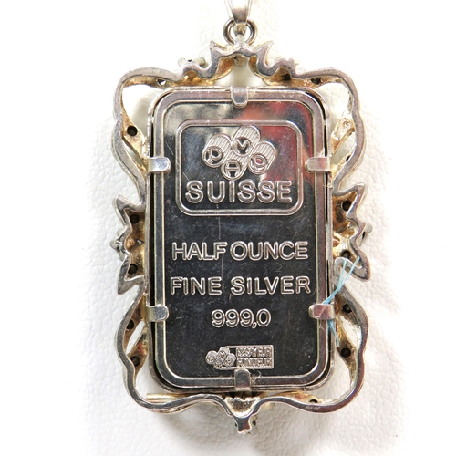 399 - 999 Fine Silver Half Ounce ingot pendant with small stones surrounding together with a 925 Silver Bi... 