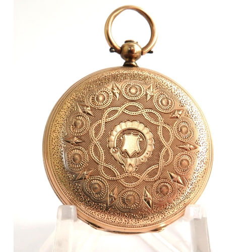 494 - Swiss Made Champleve face ladies pocket watch with 14ct Yellow gold case. Non runner for spares or r... 