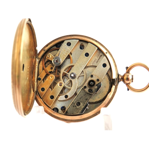 494 - Swiss Made Champleve face ladies pocket watch with 14ct Yellow gold case. Non runner for spares or r... 