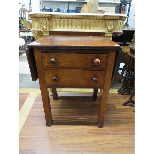 1079 - Vintage Stained Pine small drop leaf handy table with two drawers. H:28 x W:21 x D:17 inches. See ph... 