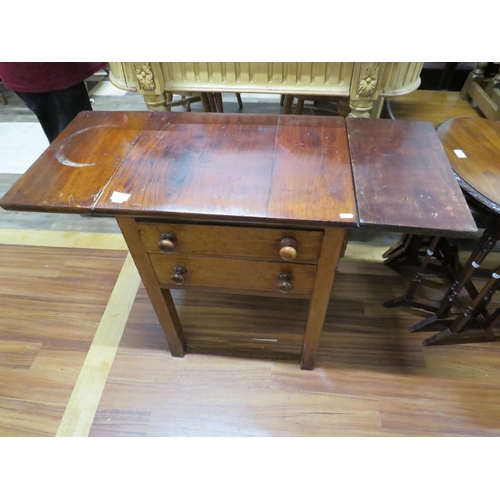 1079 - Vintage Stained Pine small drop leaf handy table with two drawers. H:28 x W:21 x D:17 inches. See ph... 