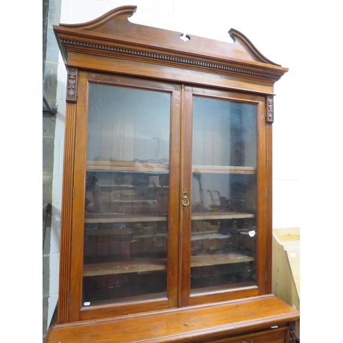 1094 - Antique Glazed top bookcase with carved detail to lower doors.. Two pieces for easy movement.  H:97 ... 