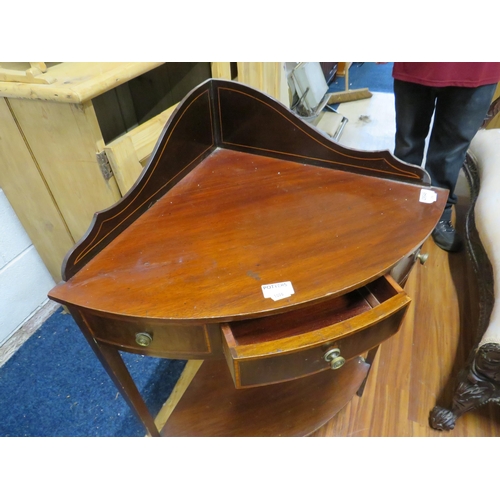 1096 - Antique Mahogany corner wash stand with drawer to front, shelf under.  H:45 x W:18 x D:18 inches. Se... 