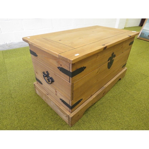 1107 - Well made pine chest. Exposed metal brackets and carry handles.  H:21 x W:38 x D:22 inches. See phot... 