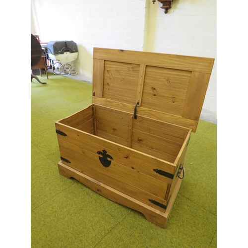 1107 - Well made pine chest. Exposed metal brackets and carry handles.  H:21 x W:38 x D:22 inches. See phot... 