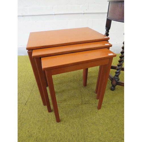 1111 - Nest of three teak tables plus semi circular table with gallery and barley twist legs. See photos.