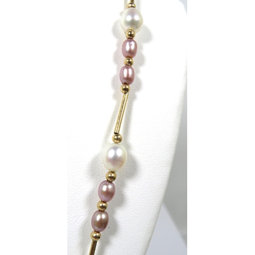 513 - Pretty Pearl Necklace set with 14ct Gold spacers and Clasp .  16 inches long. See photos.