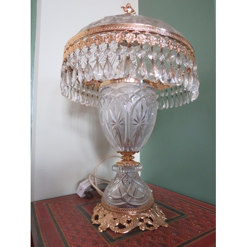 553 - Crystal Table lamp with multiple droplets to shade with Yellow gilt fittings to base and shade. Will... 