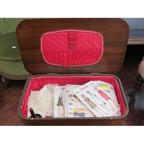 556 - Mid 20th Century Dark wood sewing box with lower drawer. Contains Vintage sewing interest items. See... 