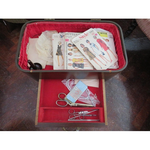 556 - Mid 20th Century Dark wood sewing box with lower drawer. Contains Vintage sewing interest items. See... 