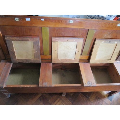 566 - Vintage Church three seater pew with prayer book cupboards below the seats.  H:38 x W:62 x D:18 inch... 