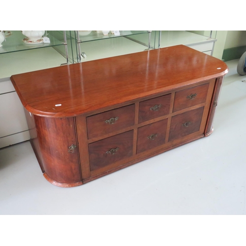 568 - Mahogany low six drawer unit with curved cupboard doors to side.  H:19 x W:48 x D:21 inches. See pho... 