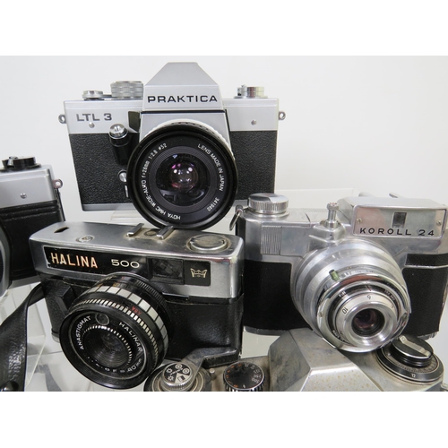 591 - Selection of Vintage Cameras by Halina, Practika and others some with leather cases