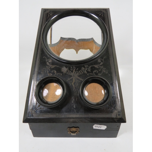 605 - Antique Black Laquered folding Steroscopic Graphoscope Viewer in excellent condition along with a la... 