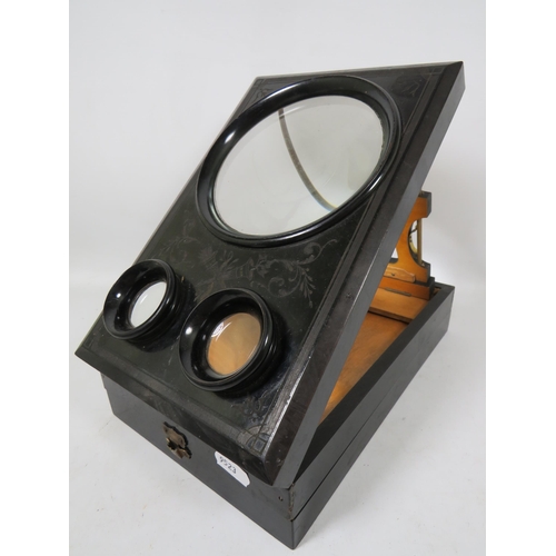 605 - Antique Black Laquered folding Steroscopic Graphoscope Viewer in excellent condition along with a la... 