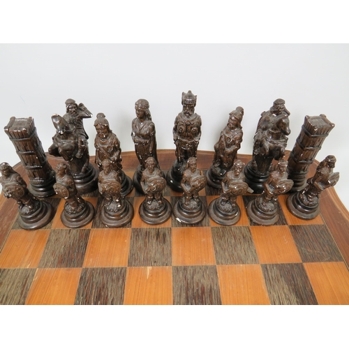 999 - Lovely Two Colour Wooden Chess board which measures approx 19 x 19 inches.  The Black Army is cast f... 