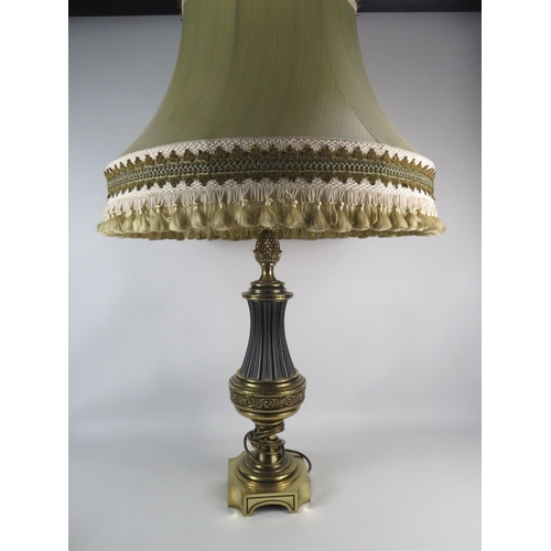 608 - Large brushed metal table lamp with large green shade, 37