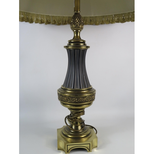 608 - Large brushed metal table lamp with large green shade, 37