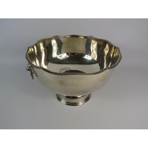 614 - Silver plated on copper large pedstal fruit bowl with lion head handles, 7