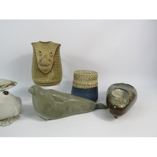 648 - Job lot of studio pottery and a soapstone Canadian seal sculpture.