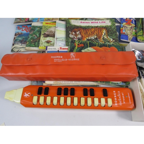 696 - Two set of Viners cutlery,large selection of tea cards and a Hohner Melodica student.