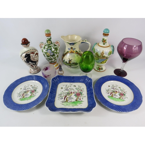 704 - Mixed ceramics and glass lot including Copeland Spode, Italian pottery bottles etc.