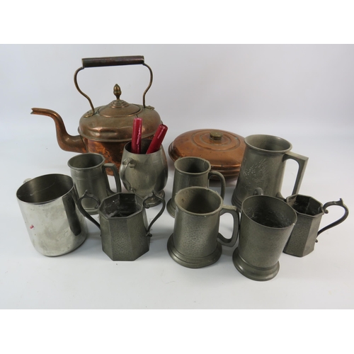 716 - Selection of vintage pewter tankards, copper hot water pan, copper kettle etc.