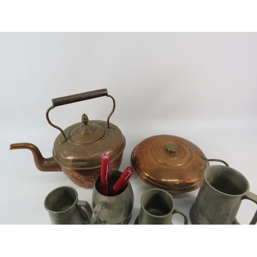 716 - Selection of vintage pewter tankards, copper hot water pan, copper kettle etc.