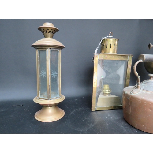 722 - Brass and copper lot which includes lanterns, jam pans, kettle etc.