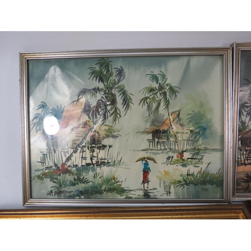 729 - Two framed watercolours and Two framed oil painting with oriental / asian river scenes.