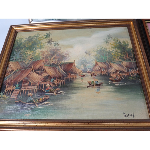 729 - Two framed watercolours and Two framed oil painting with oriental / asian river scenes.