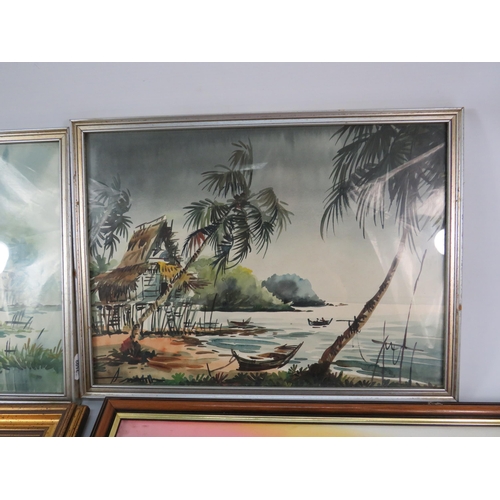 729 - Two framed watercolours and Two framed oil painting with oriental / asian river scenes.