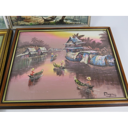 729 - Two framed watercolours and Two framed oil painting with oriental / asian river scenes.