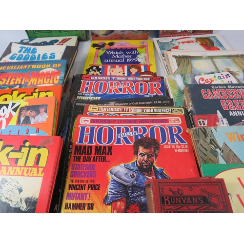 733 - Large selection of various vintage annuals and horror magazines etc.