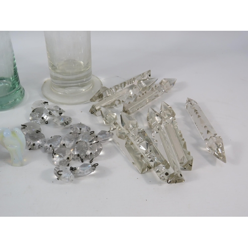 736 - Mixed glass lot to include paperweights, vases, lustre crystal drops etc.