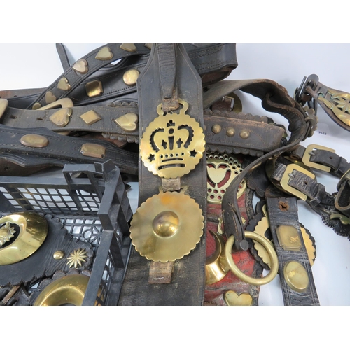 739 - Large selection of antique and vintage horse brasses and leathers/martingales etc.