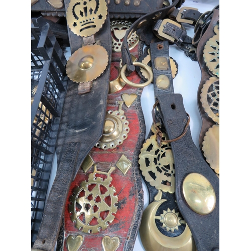 739 - Large selection of antique and vintage horse brasses and leathers/martingales etc.