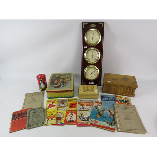 751 - Mixed lot including a Victoria station barometer, hydrometer and thermometer, vintage tins, comic pa... 