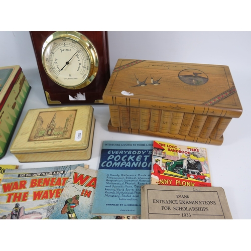 751 - Mixed lot including a Victoria station barometer, hydrometer and thermometer, vintage tins, comic pa... 