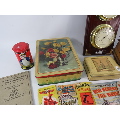 751 - Mixed lot including a Victoria station barometer, hydrometer and thermometer, vintage tins, comic pa... 