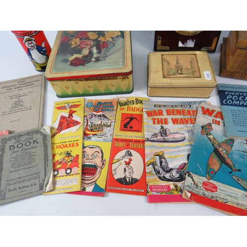 751 - Mixed lot including a Victoria station barometer, hydrometer and thermometer, vintage tins, comic pa... 