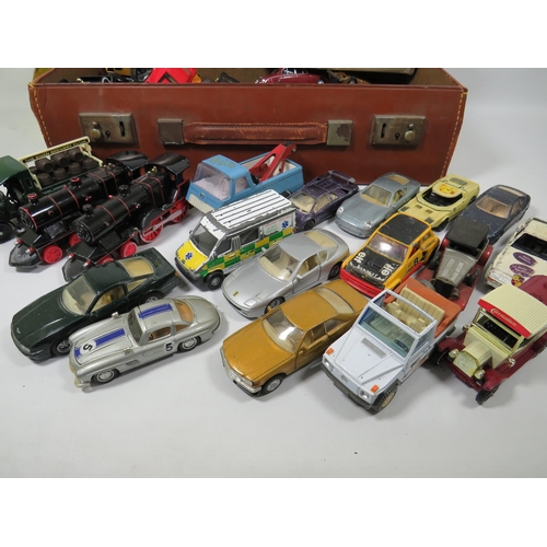 984 - Large Selection of Playworn Die Cast metal cars plus old evacuee style case. See photos.