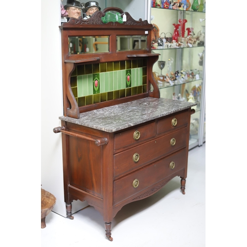 554 - Late 19th/Early 20th Century Wash Stand with Tile and Mirror back with Marble top. Drawers under. To... 