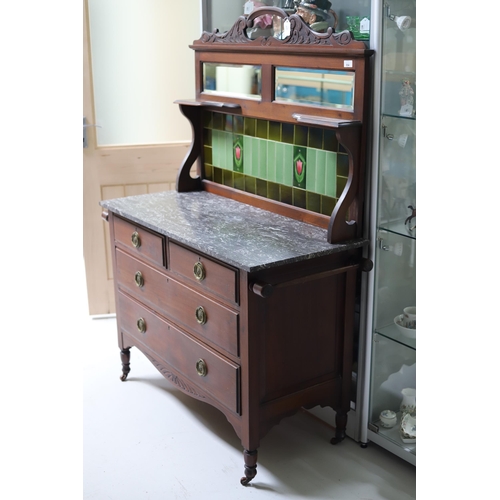 554 - Late 19th/Early 20th Century Wash Stand with Tile and Mirror back with Marble top. Drawers under. To... 