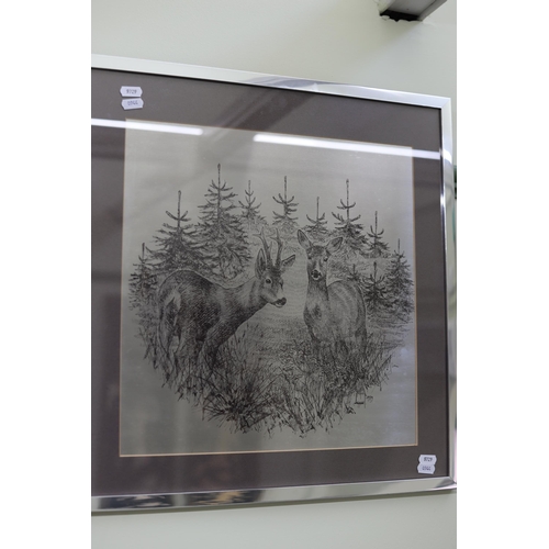 944 - Framed Engraving on Metal of two Roe Deer in forest surround.  Frame size 20 x 20 inches. See photos... 