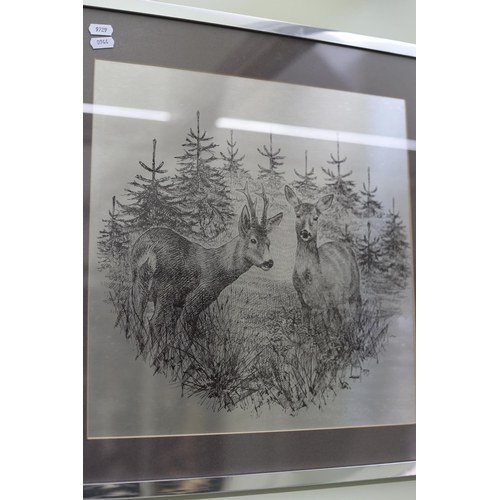 944 - Framed Engraving on Metal of two Roe Deer in forest surround.  Frame size 20 x 20 inches. See photos... 