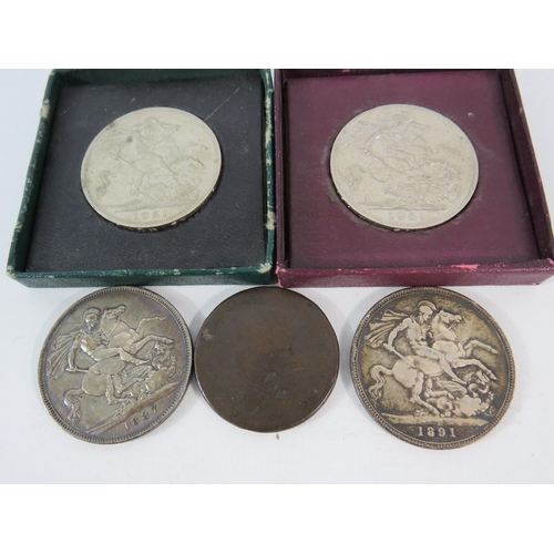 775 - Two Victorian silver crowns 1887 & 1891 plus Two George VI 5 shillings and a cartwheel penny. Total ... 